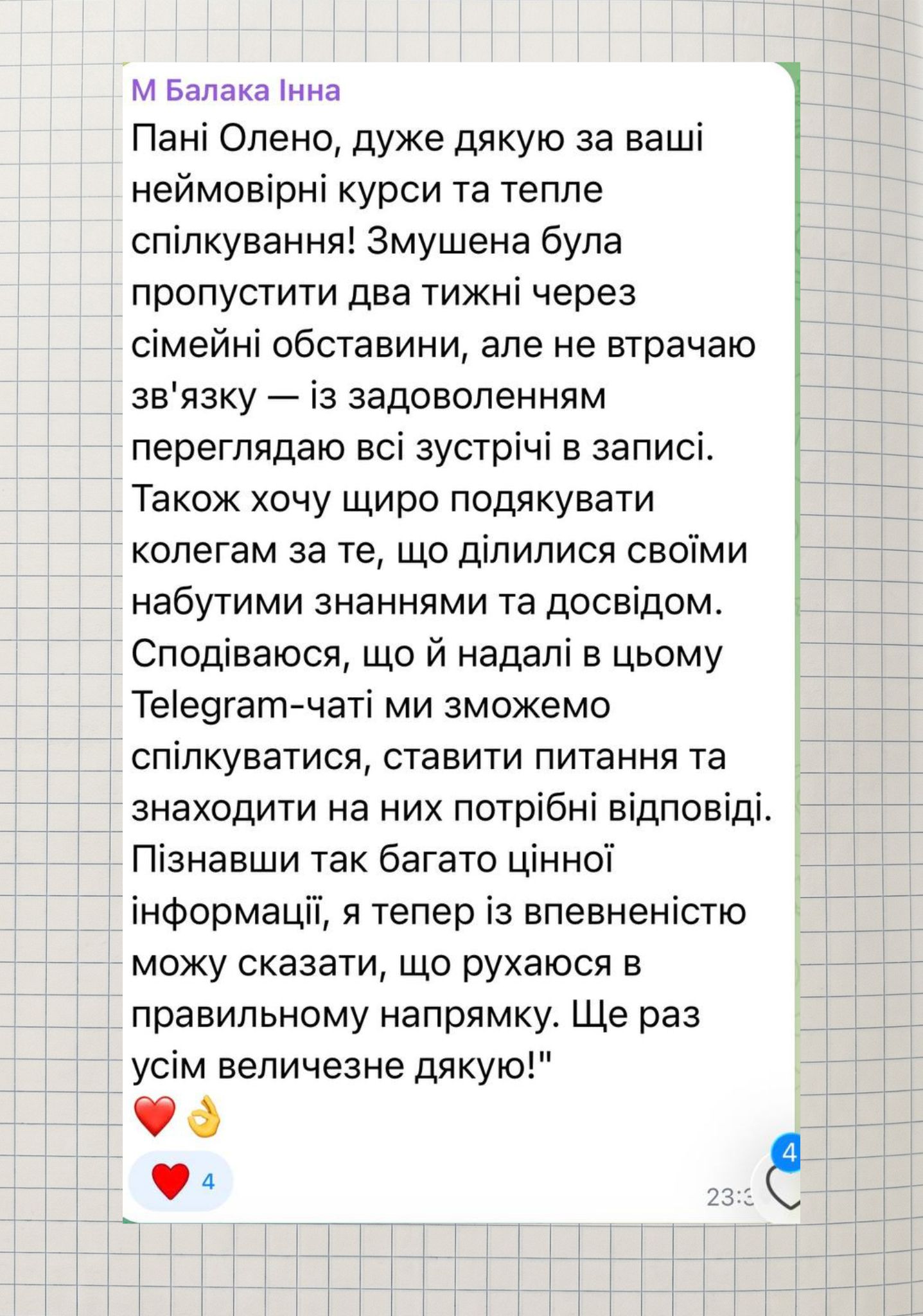 Скриншот реального відгуку учасниці інтенсиву 6